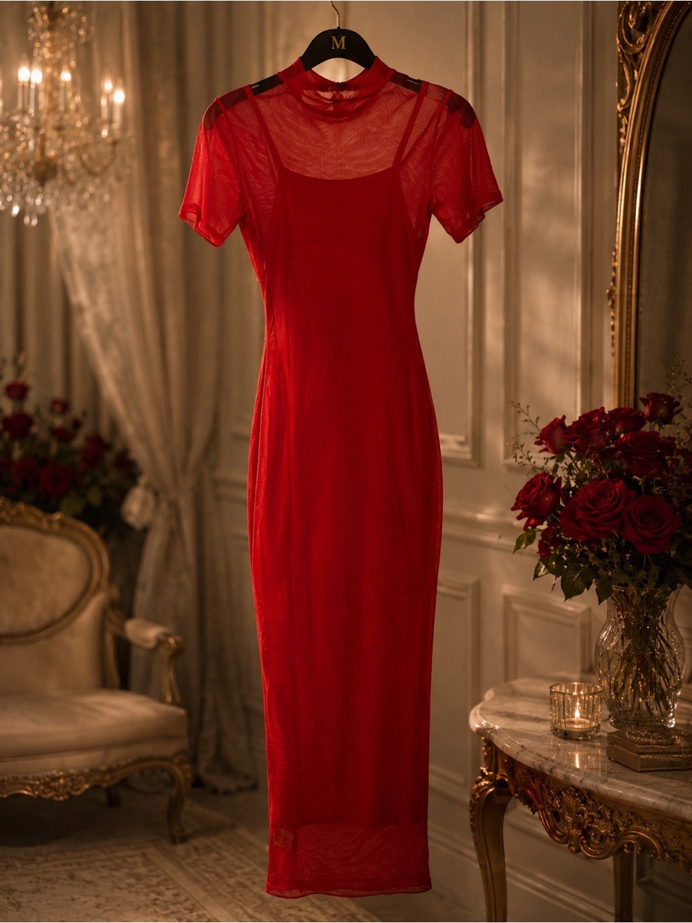 Elegant Red Sheer Midi Dress